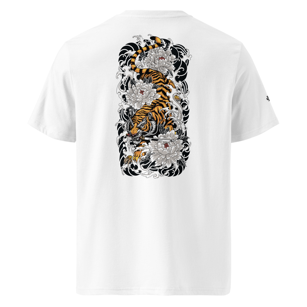 White Silent Descent Graphic Tee with a back print of a tiger gripping a katana, blending Japanese tattoo art with streetwear fashion