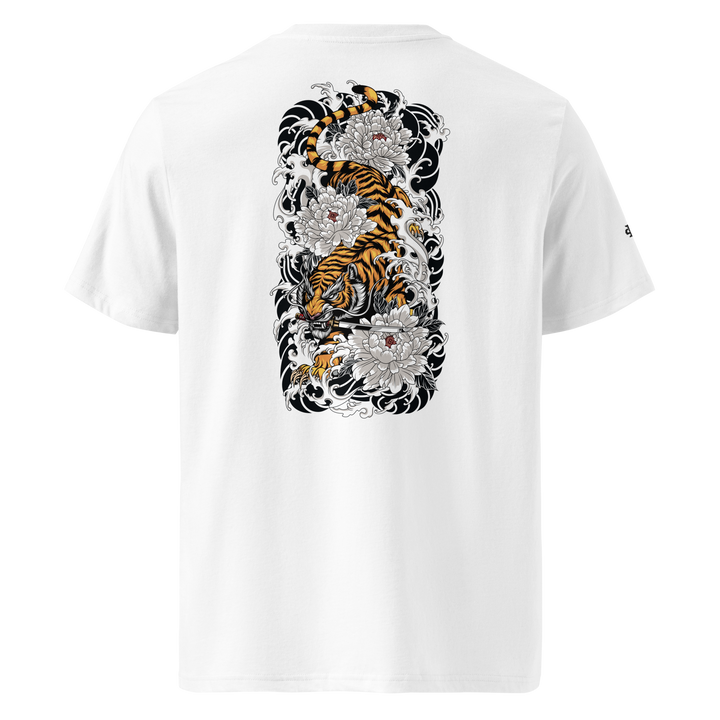 White Silent Descent Graphic Tee with a back print of a tiger gripping a katana, blending Japanese tattoo art with streetwear fashion