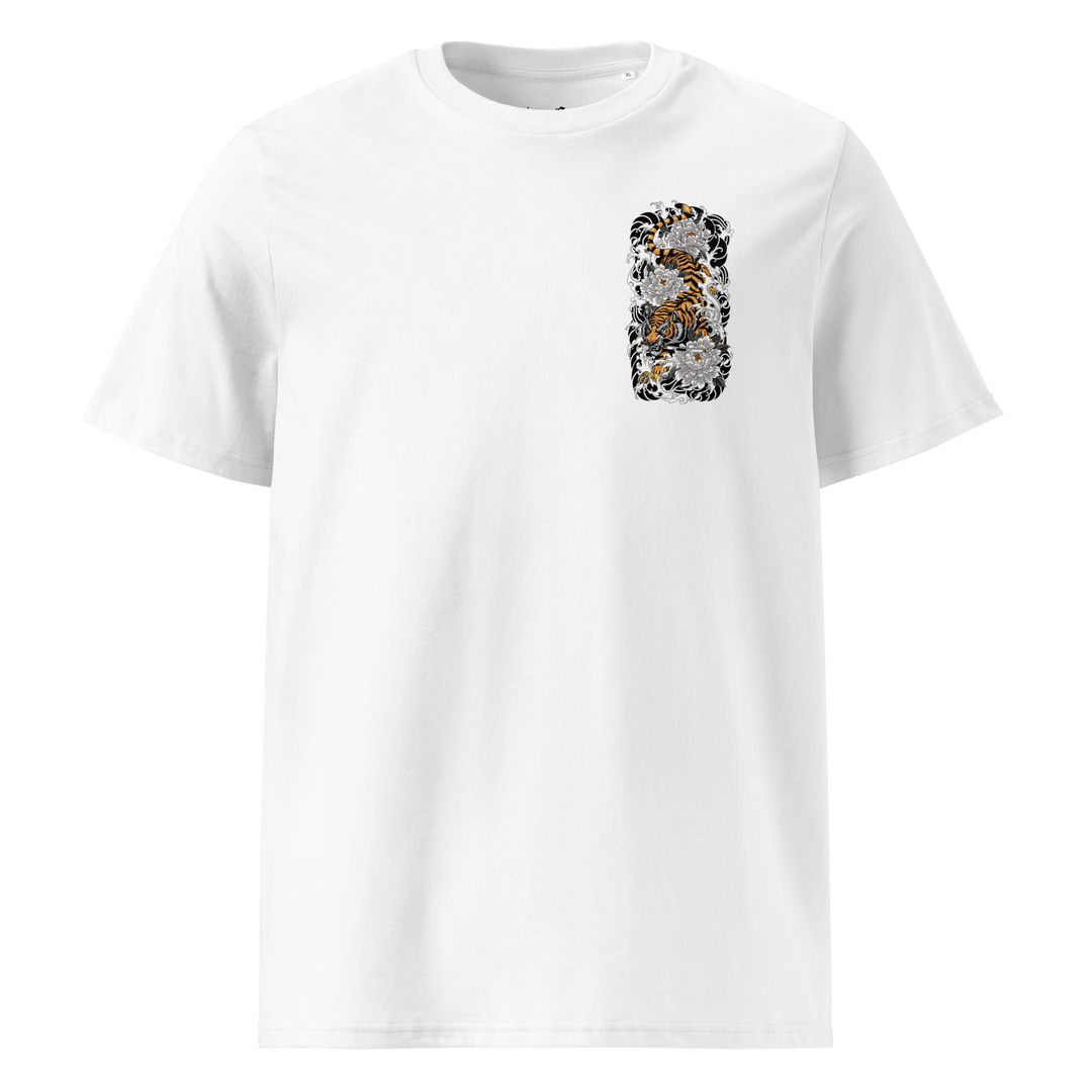 left chest graphic print of a tiger descending downwards with a katana in its mouth on a white graphic tee 