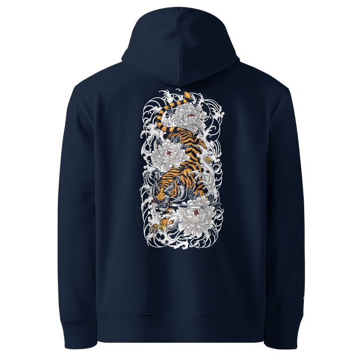 Silent Descent Graphic Hoodie in French Navy with a fierce tiger and katana back print.