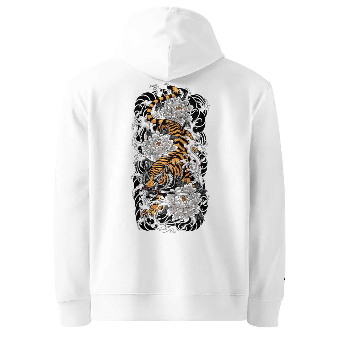 Silent Descent Graphic Hoodie in White with a fierce tiger and katana back print.