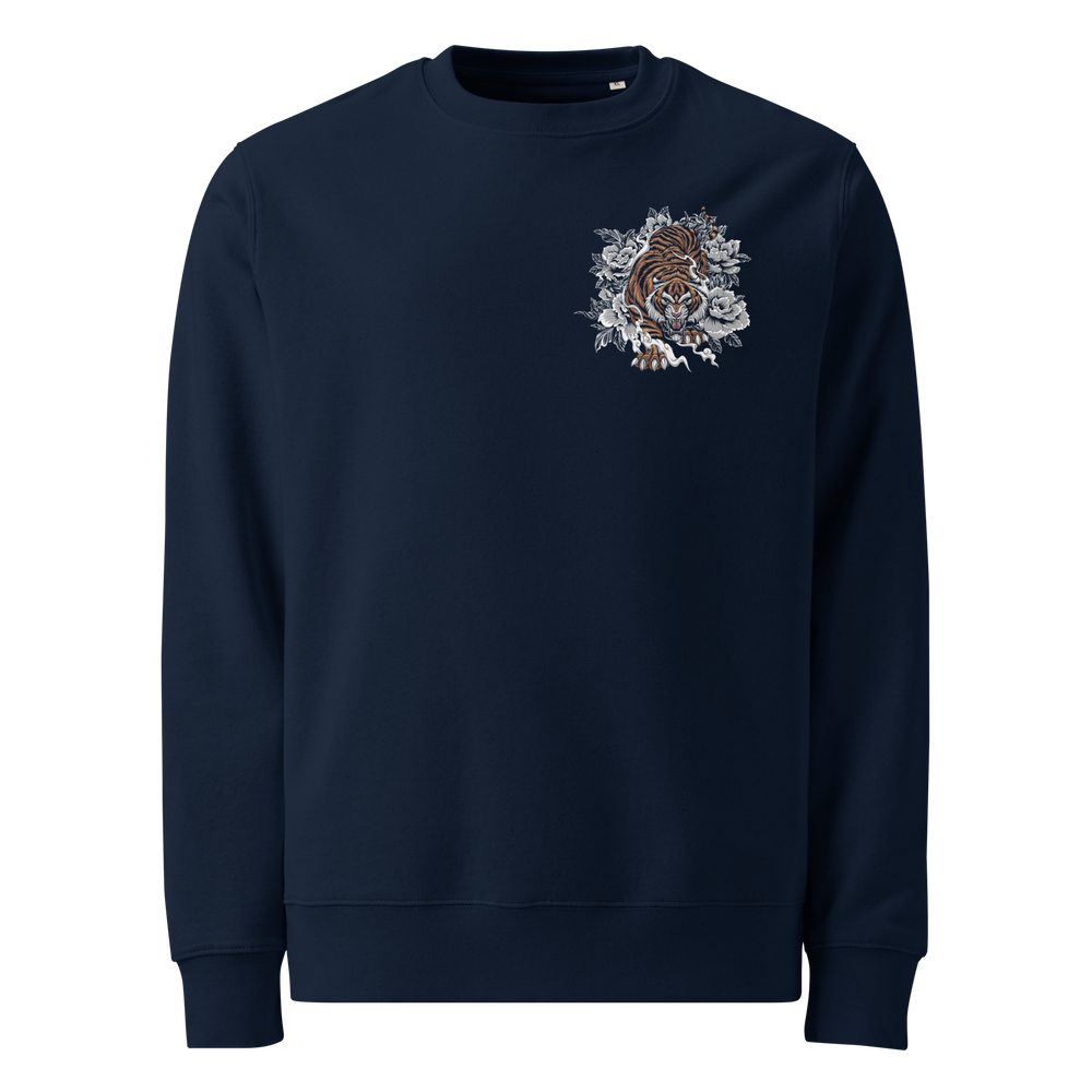 French Navy Silent Hunter Graphic Sweatshirt featuring a tiger in smoke and foliage inspired by Japanese Irezumi tattoo art