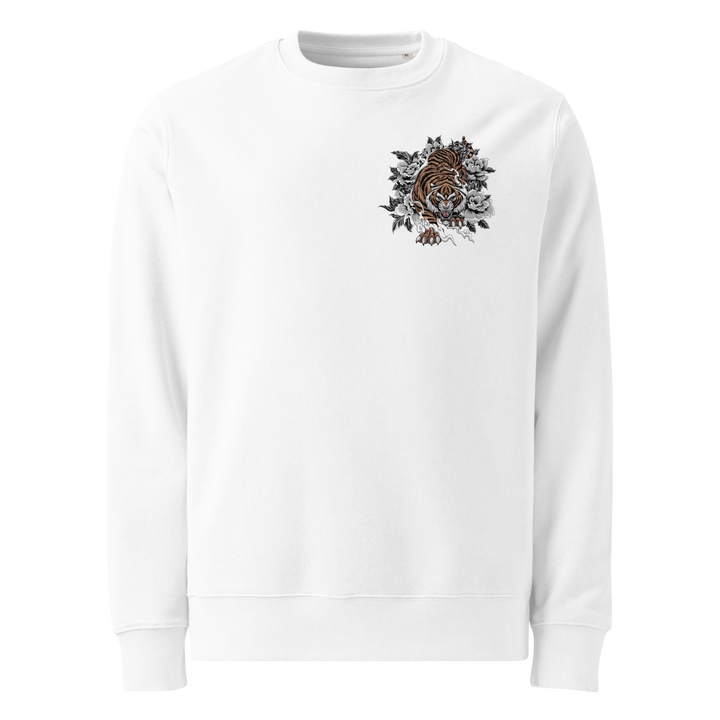 White Silent Hunter Graphic Sweatshirt with a tiger design, blending Japanese tattoo art and streetwear fashion