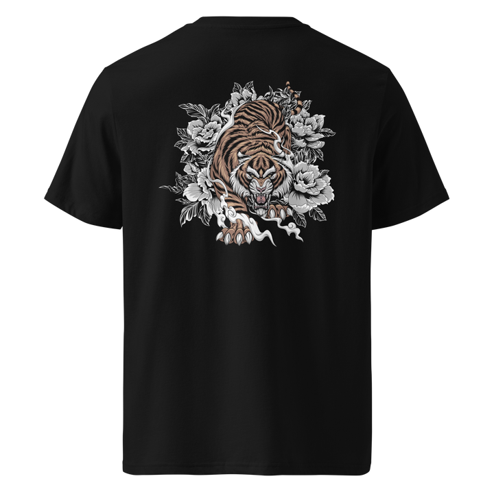 Black Silent Hunter Graphic Tee featuring a back print of a tiger prowling through foliage and smoke, inspired by Japanese Irezumi tattoo art