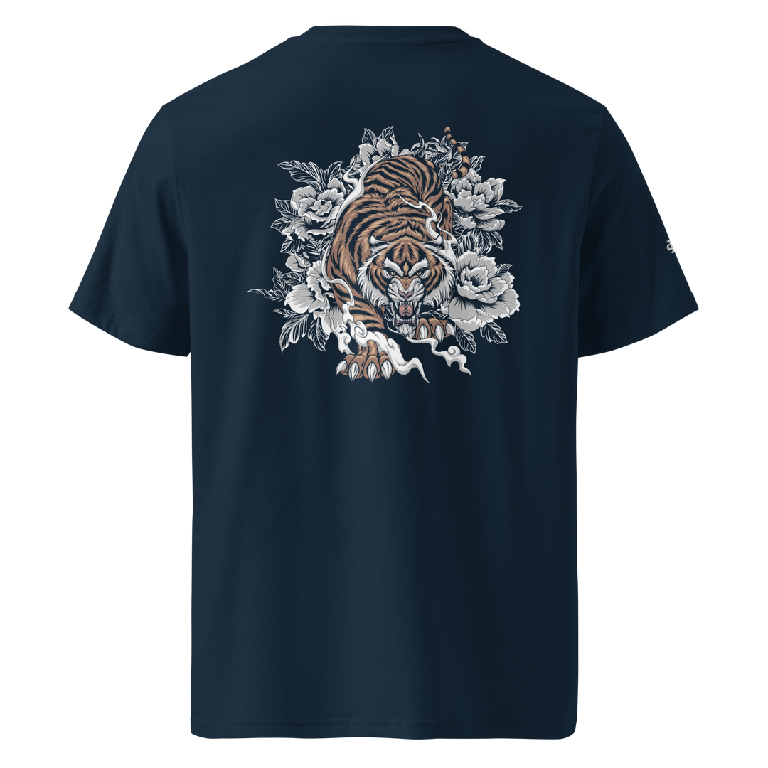 French Navy Silent Hunter Graphic Tee featuring a back print of a tiger prowling through foliage, blending Japanese Irezumi tattoo art with modern streetwear style