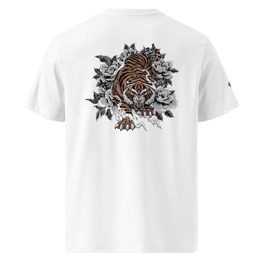 White Silent Hunter Graphic Tee with a bold back print of a tiger moving through dense foliage and smoke, inspired by Japanese tattoo art