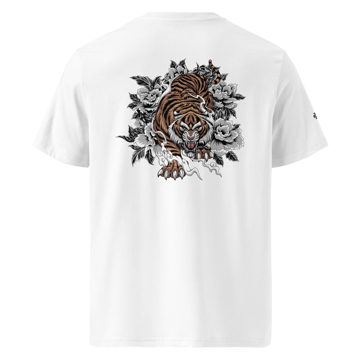 White Silent Hunter Graphic Tee with a bold back print of a tiger moving through dense foliage and smoke, inspired by Japanese tattoo art