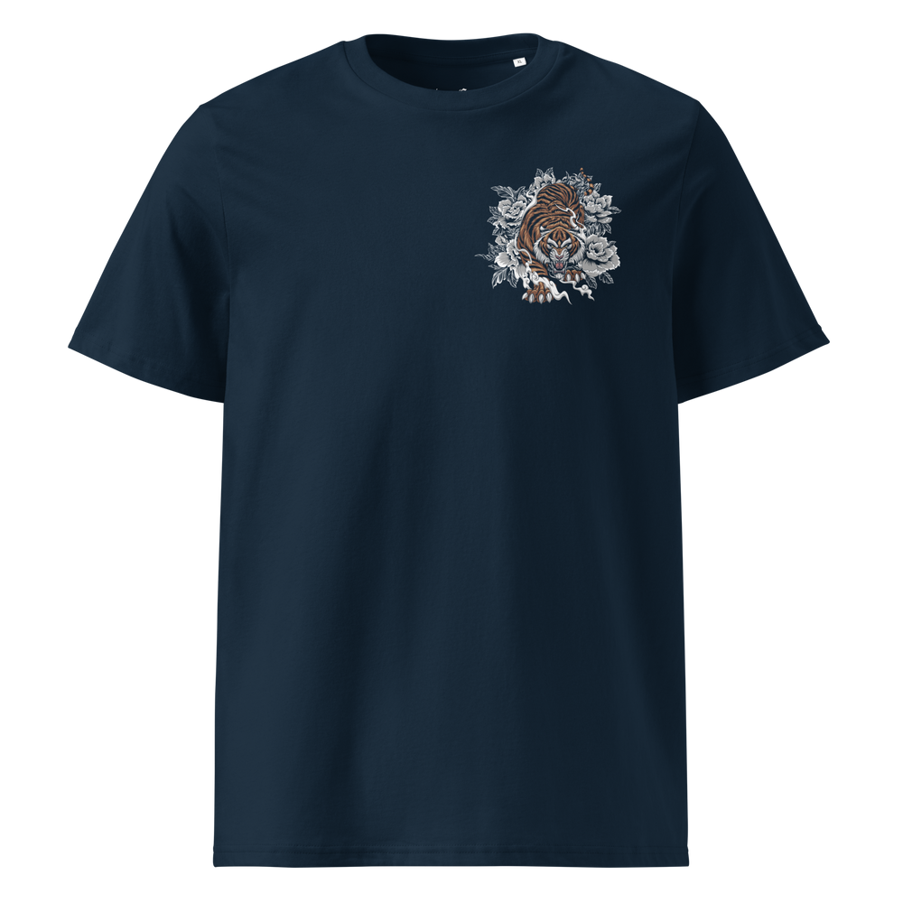 French Navy Silent Hunter Graphic Tee featuring a left chest print of a prowling tiger, inspired by traditional Japanese tattoo art