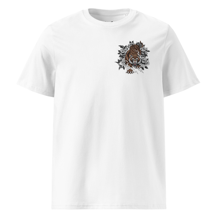 White Silent Hunter Graphic Tee with a left chest print of a tiger moving through foliage and smoke, blending Japanese tattoo art with streetwear