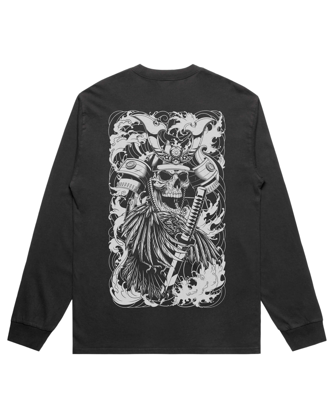 Skeletal Shogun long sleeve graphic T-shirt features original in-house artwork inspired by Irezumi Artistry.