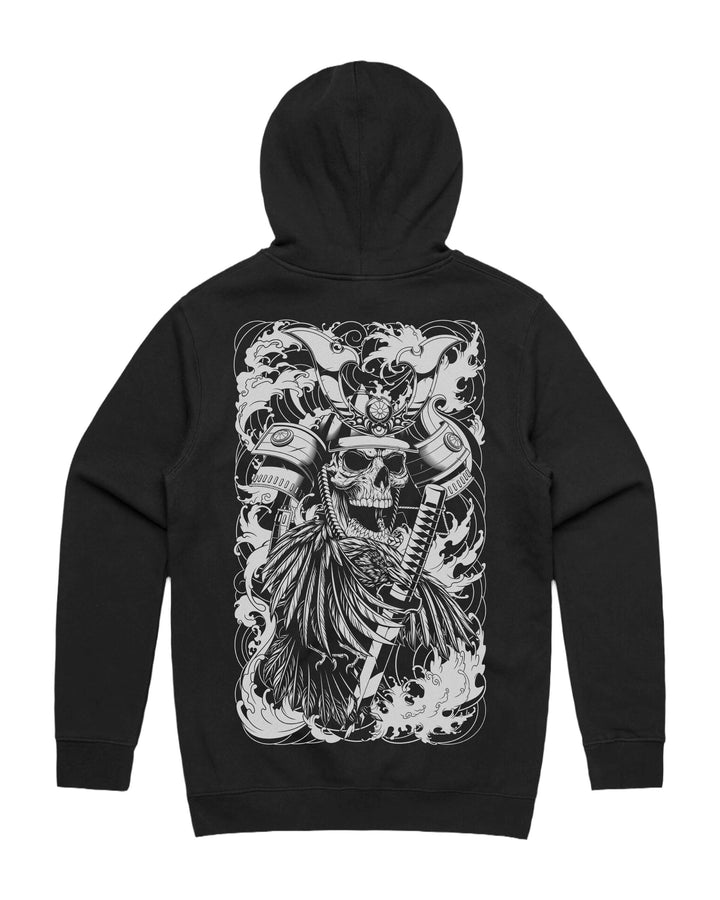 Black graphic hoodie with large skeletal shogun back print
