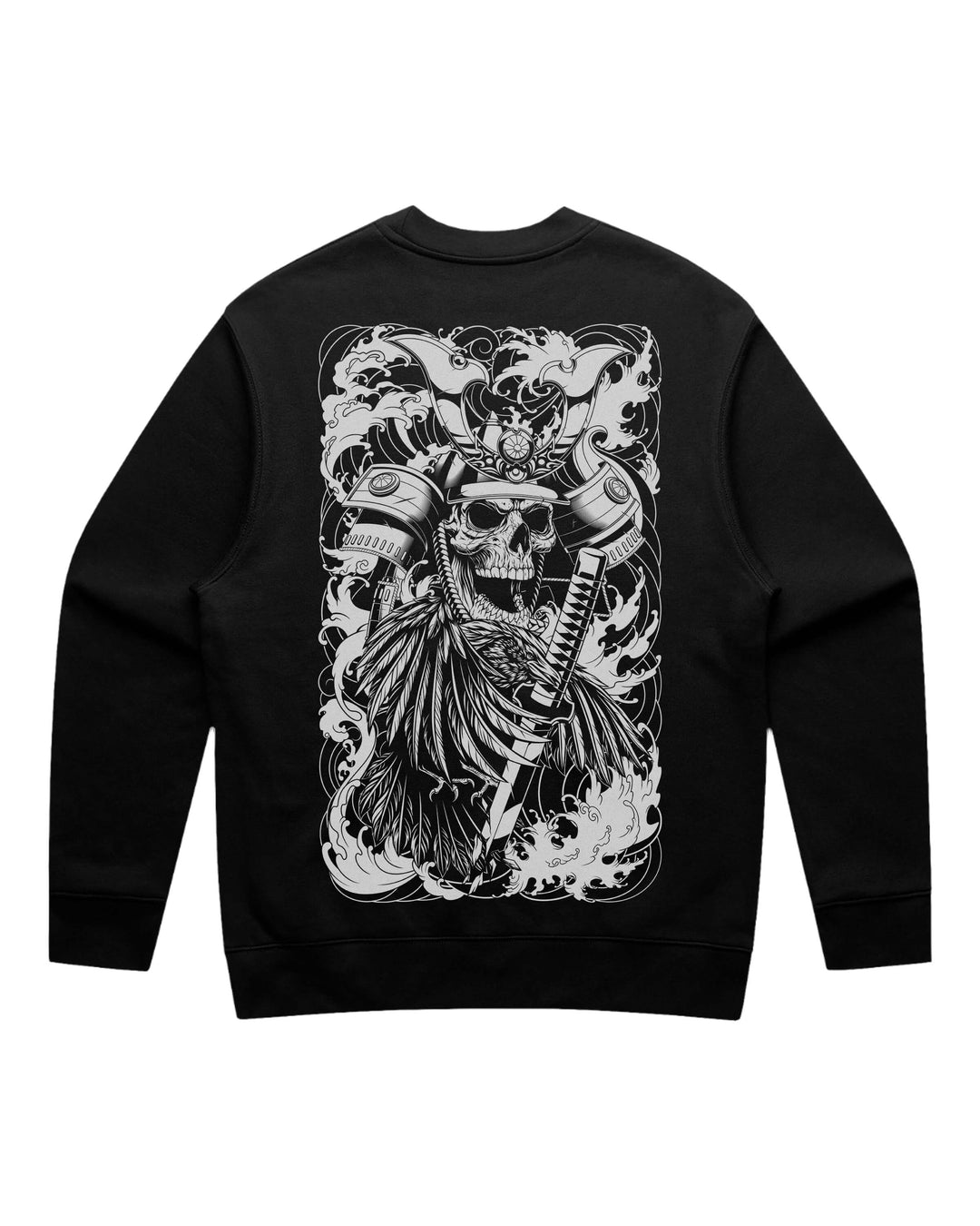 Black crewneck sweatshirt with large irezumi skeletal shogun samurai back print