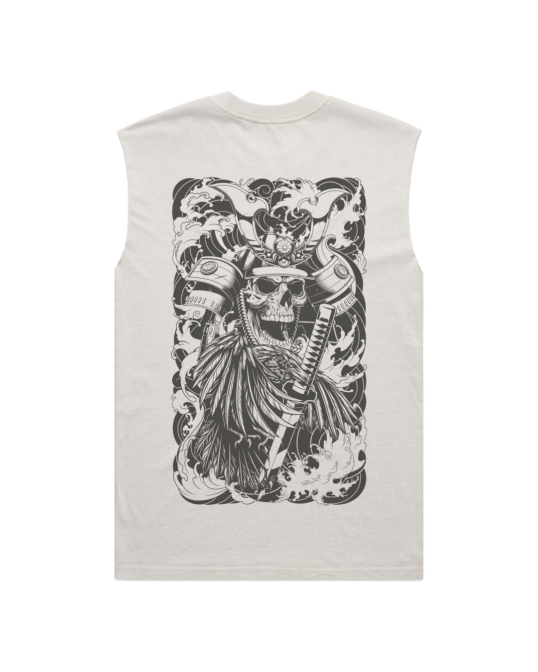 Skeletal Shogun men’s faded bone graphic tank top features original in-house artwork inspired by irezumi influence. The design combines skeletal shogun, katana and waves, drawing from Japanese tattoo art, folklore and traditional illustration.