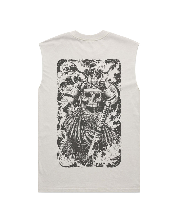 Skeletal Shogun men’s faded bone graphic tank top features original in-house artwork inspired by irezumi influence. The design combines skeletal shogun, katana and waves, drawing from Japanese tattoo art, folklore and traditional illustration.