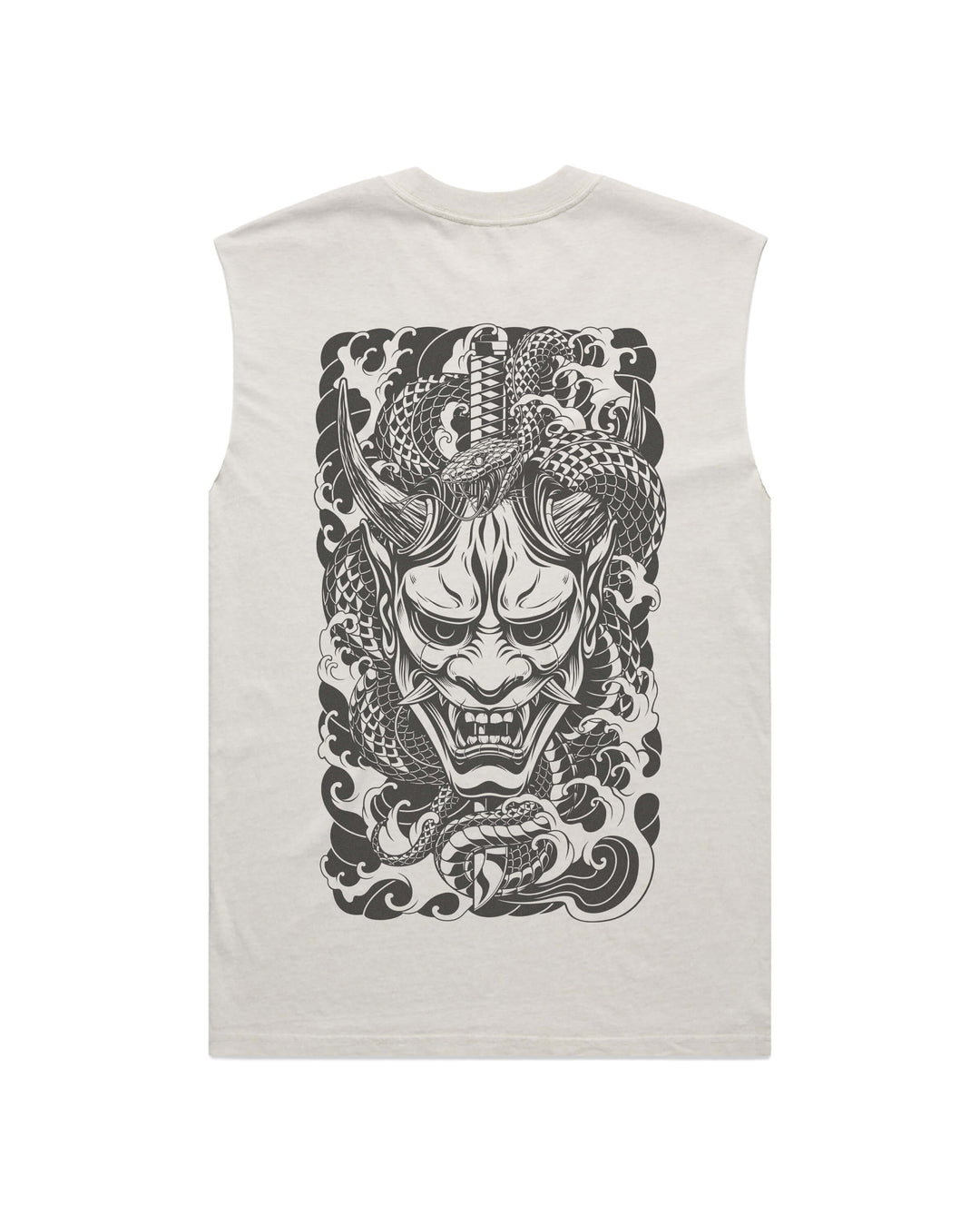 Slayer men’s faded bone graphic tank top features original in-house artwork inspired by irezumi influence. The design combines oni mask, katana, snake and waves, drawing from Japanese tattoo art, folklore and traditional illustration.