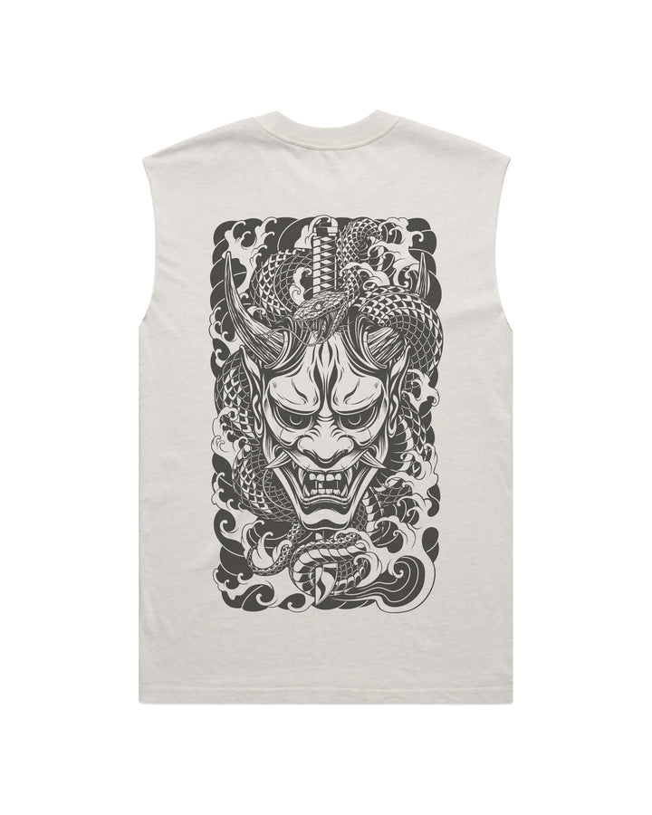 Slayer men’s faded bone graphic tank top features original in-house artwork inspired by irezumi influence. The design combines oni mask, katana, snake and waves, drawing from Japanese tattoo art, folklore and traditional illustration.