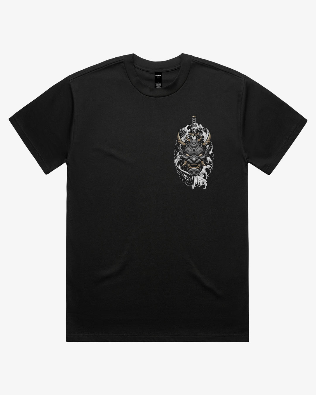 Black oversized 280GSM Japanese graphic tee with left chest oni mask and katana artwork