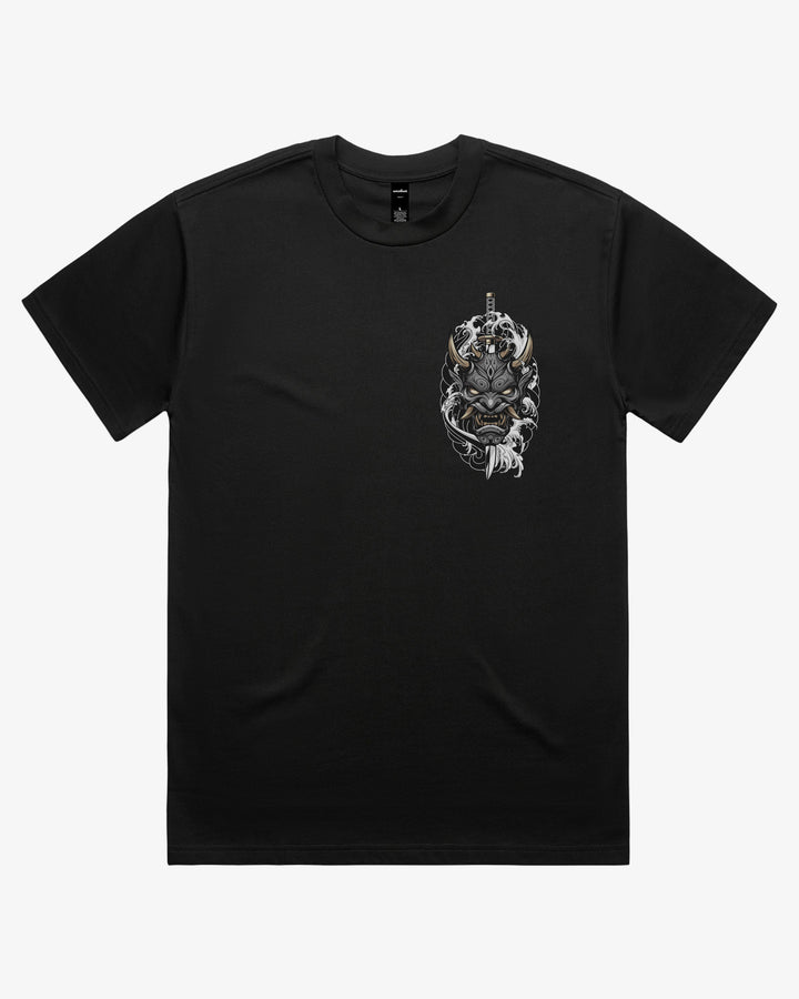 Black oversized 280GSM Japanese graphic tee with left chest oni mask and katana artwork