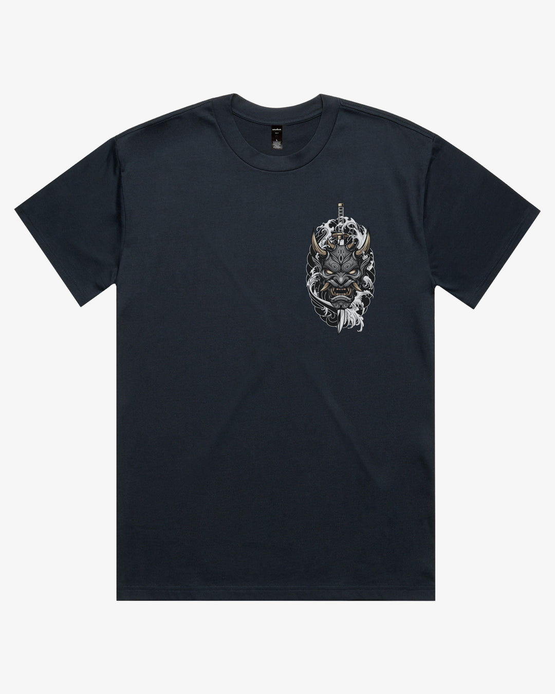 Navy oversized 280GSM Japanese graphic tee with left chest oni mask and katana artwork