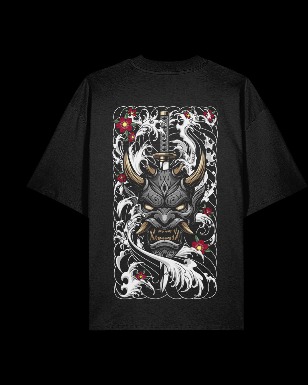 Black t-shirt with a hannya design on a black background
