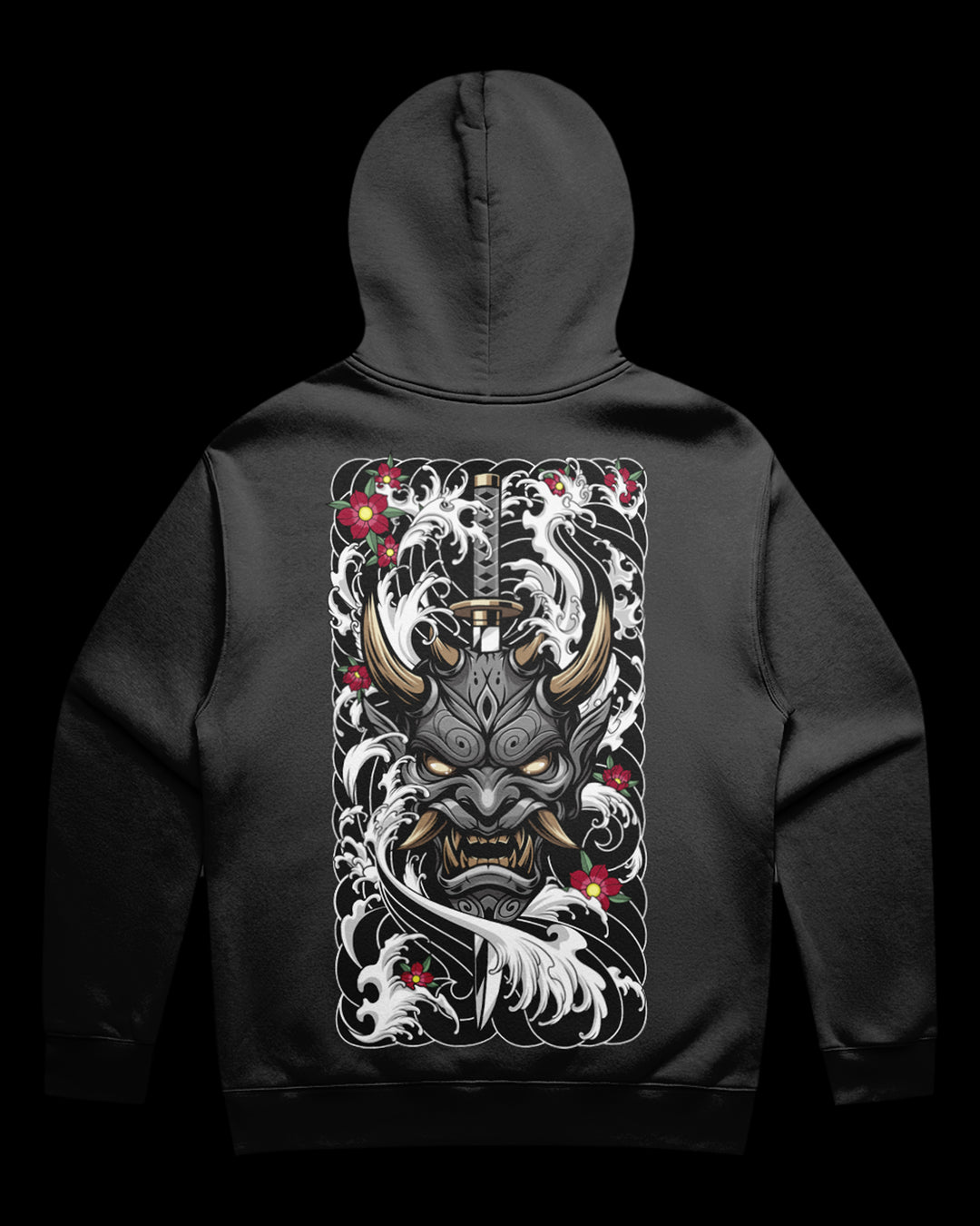 Slayer’s Grin Tattoo-Inspired Relaxed Hoodie with pierced oni mask and smoky Irezumi clouds