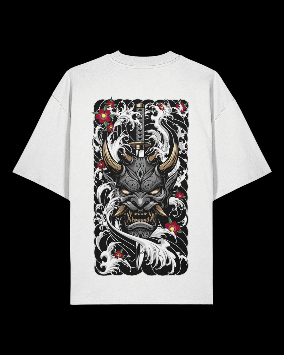 White t-shirt with a black and white graphic design of a oni mask on a white background