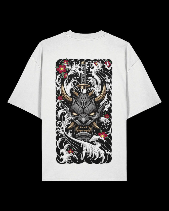 White t-shirt with a black and white graphic design of a oni mask on a white background