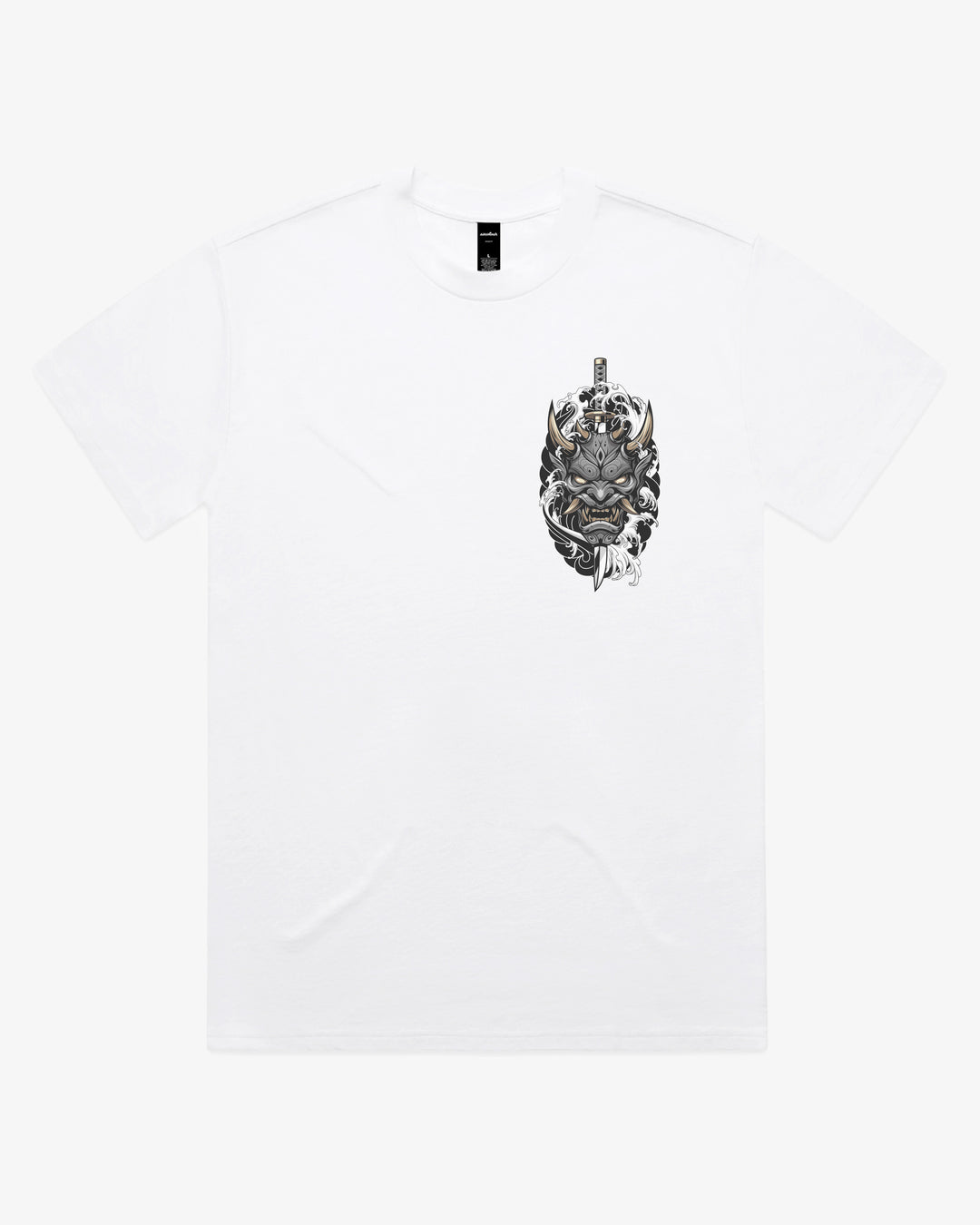 White oversized 280GSM Japanese graphic tee with left chest oni mask and katana artwork