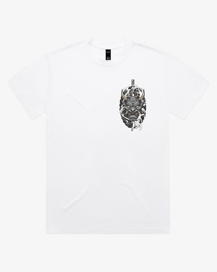 White oversized 280GSM Japanese graphic tee with left chest oni mask and katana artwork