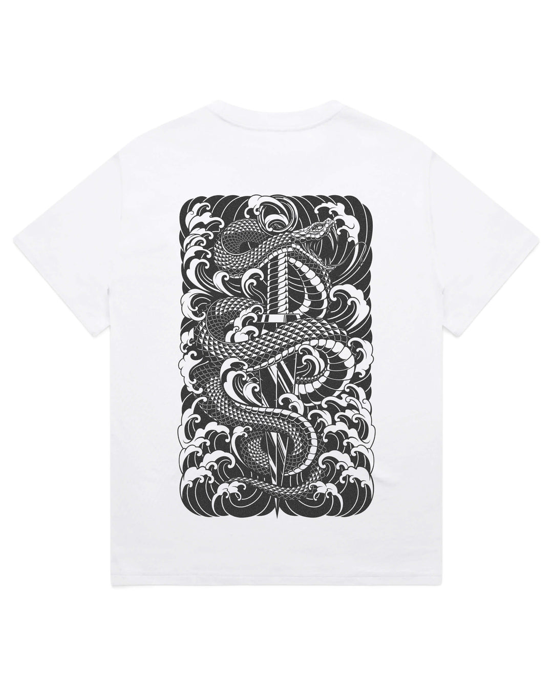 Oversized white t-shirt with large irezumi snake and dagger graphic print