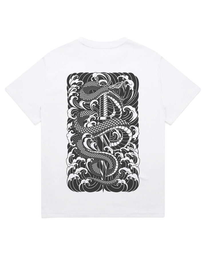 Oversized white t-shirt with large irezumi snake and dagger graphic print