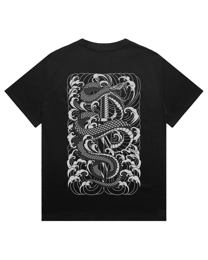 Oversized black t-shirt with large irezumi snake and dagger graphic print