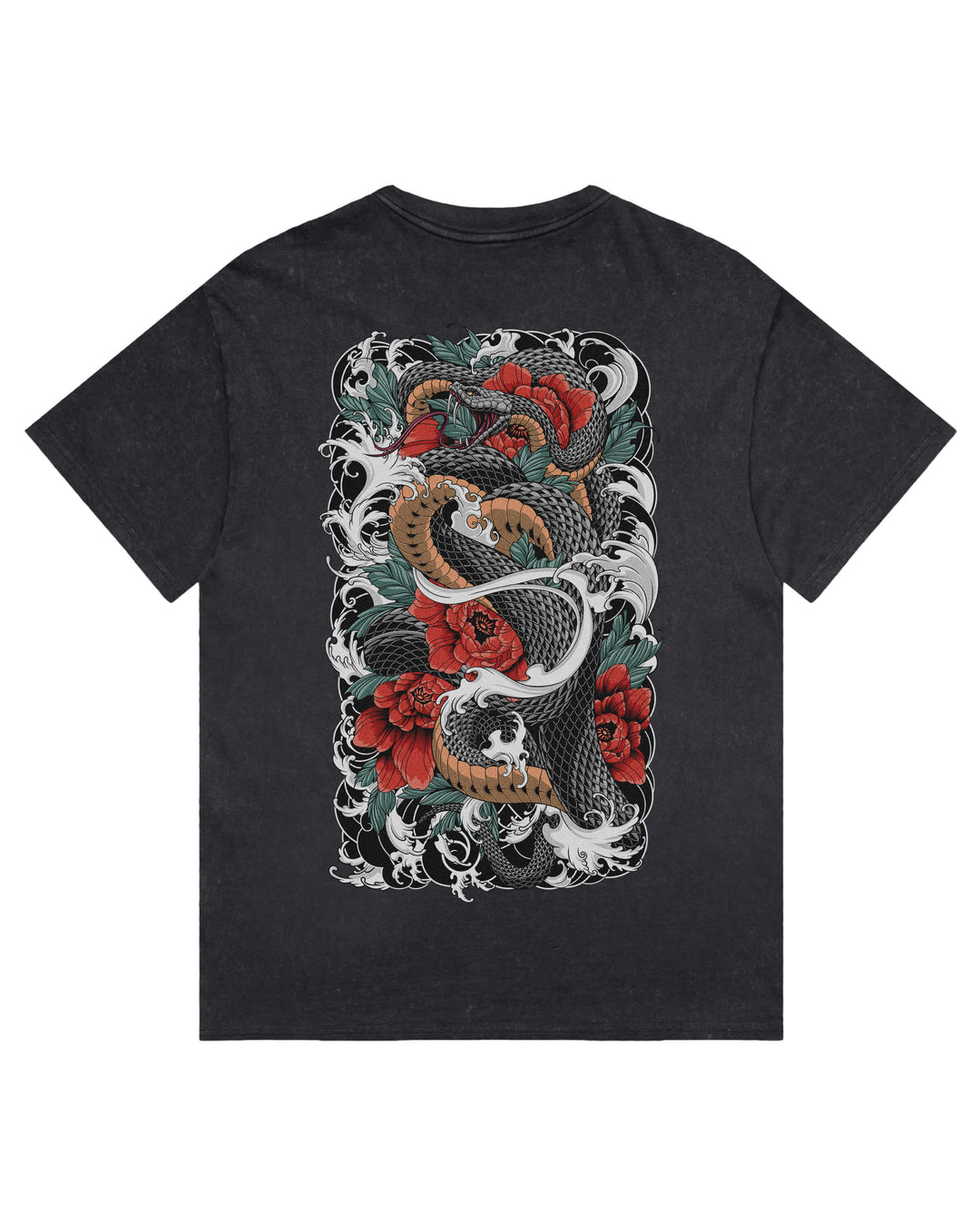 A black stonewash t-shirt featuring a large, detailed graphic print on the front. The graphic depicts a traditional Japanese tattoo style design with a black and white snake, red roses, and green leaves.