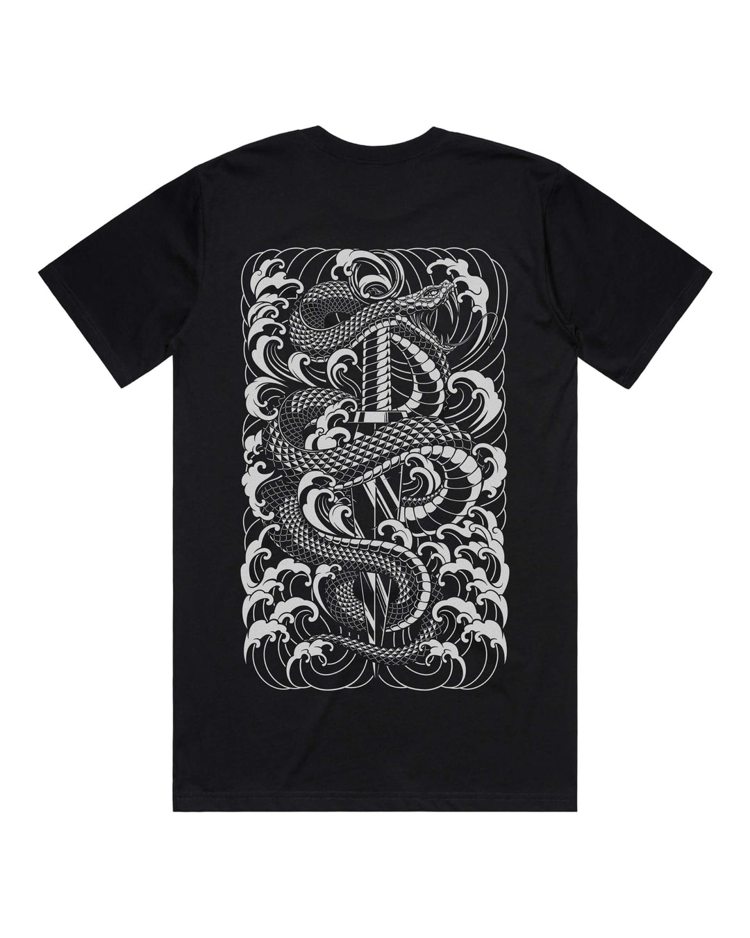 Black graphic t-shirt with large snake coiling dagger back print