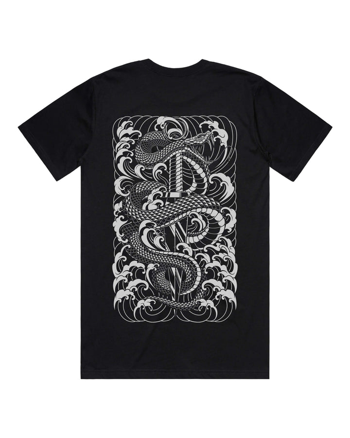 Black graphic t-shirt with large snake coiling dagger back print