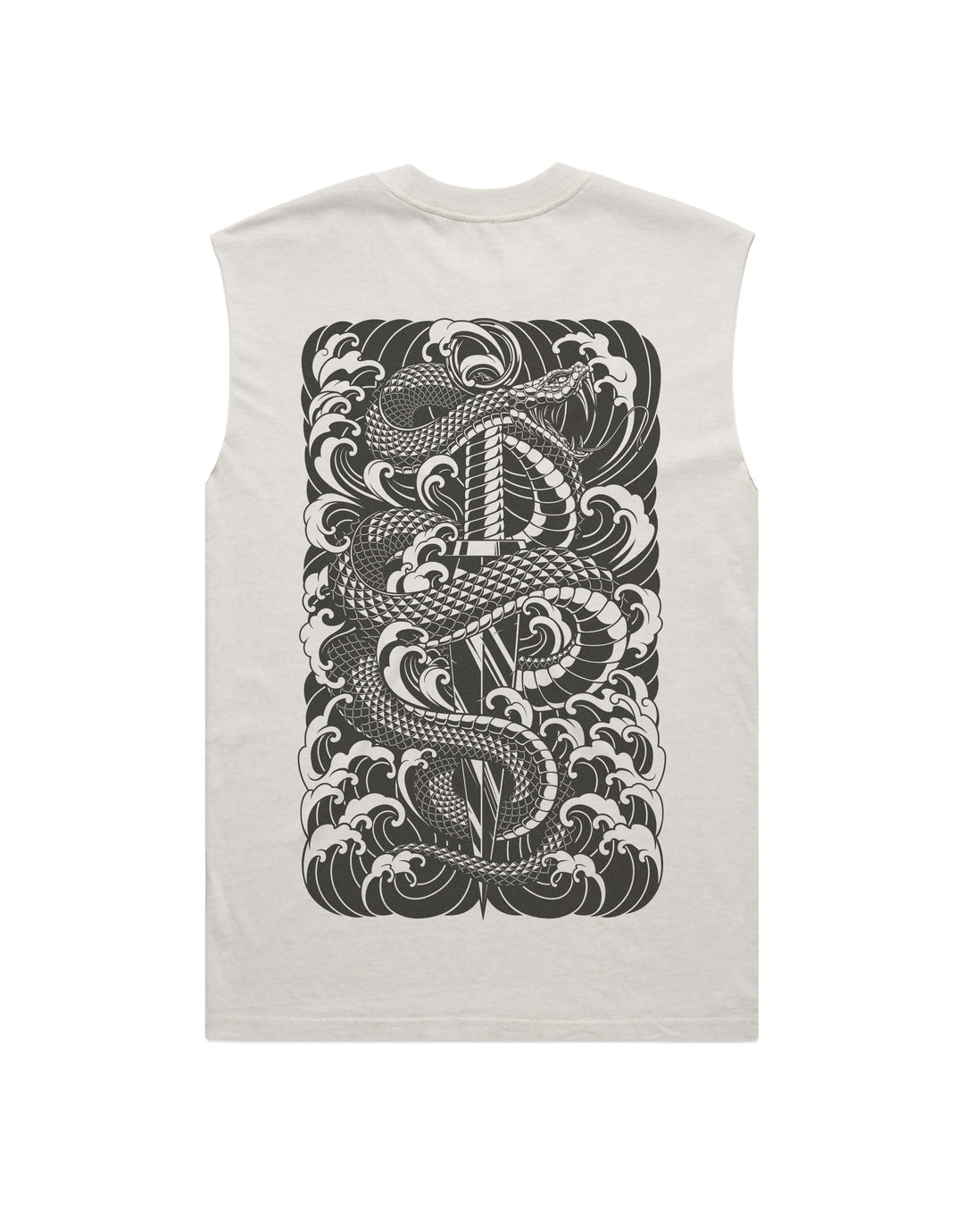 Snake & Dagger men’s faded bone graphic tank top features original in-house artwork inspired by irezumi influence. The design combines snake, flowers and waves, drawing from Japanese tattoo art, folklore and traditional illustration.
