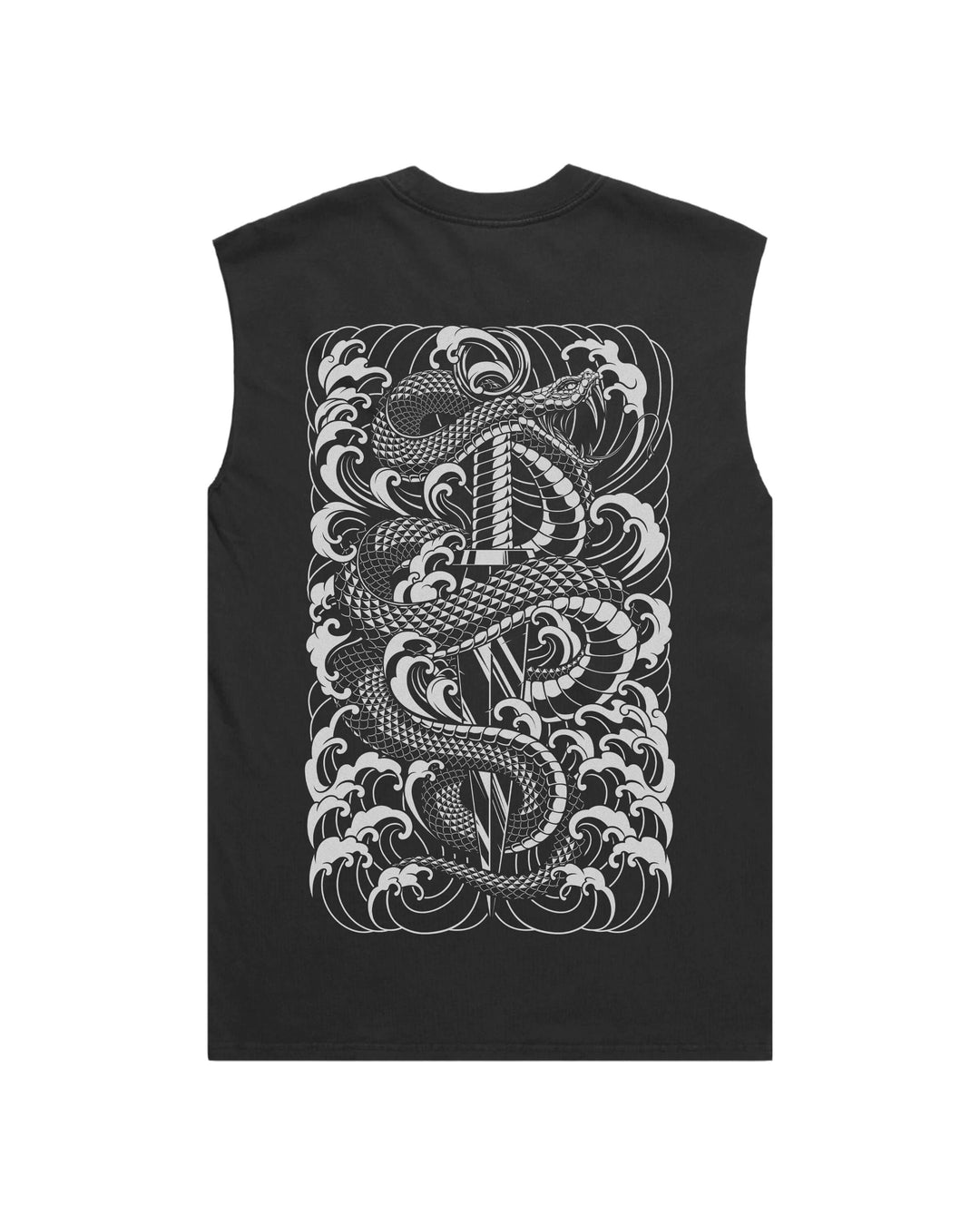 Faded black tank top with original in-house created white snake and dagger print