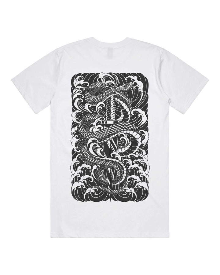White graphic t-shirt with large snake coiling dagger back print