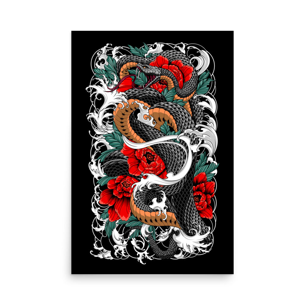 Snake & Flowers Poster With Tattoo Inspired Artwork
