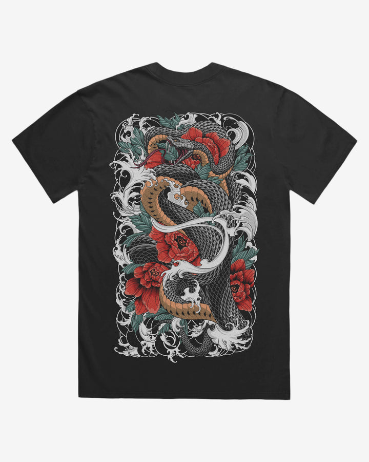 Faded 240GSM Tattoo Graphic T-Shirt — Snake Flower Back Print