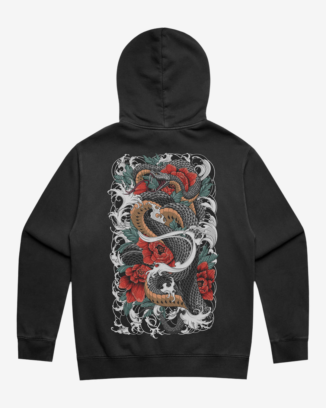 Faded tattoo hoodie with a large snake and flowers back print, 320GSM relaxed fit and washed finish.