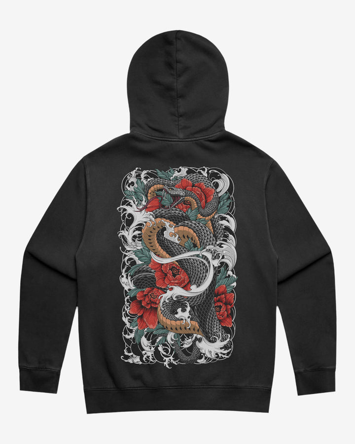 Faded tattoo hoodie with a large snake and flowers back print, 320GSM relaxed fit and washed finish.