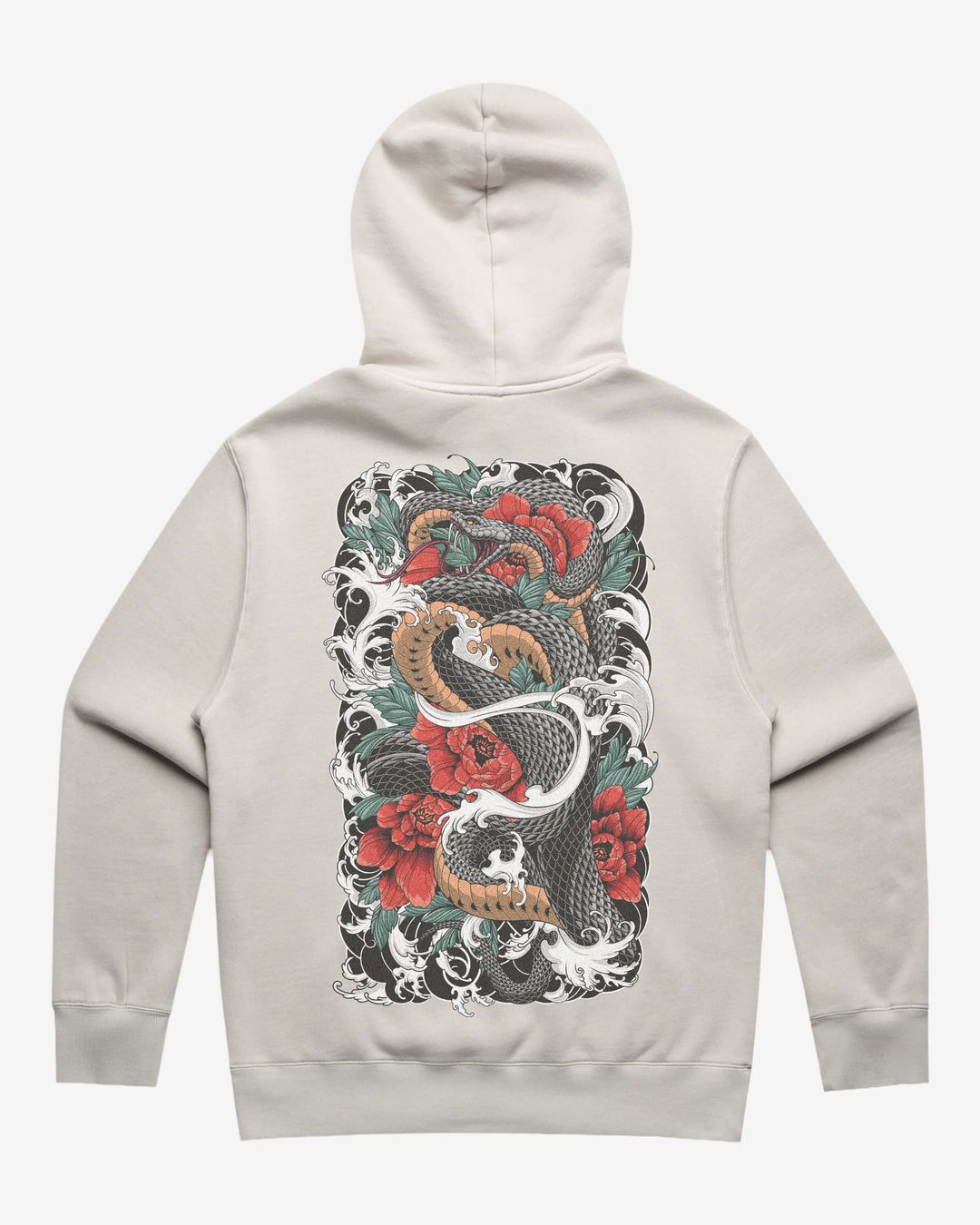 Faded tattoo hoodie with a large snake and flowers back print, 320GSM relaxed fit and washed finish.