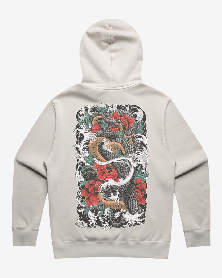 Faded tattoo hoodie with a large snake and flowers back print, 320GSM relaxed fit and washed finish.