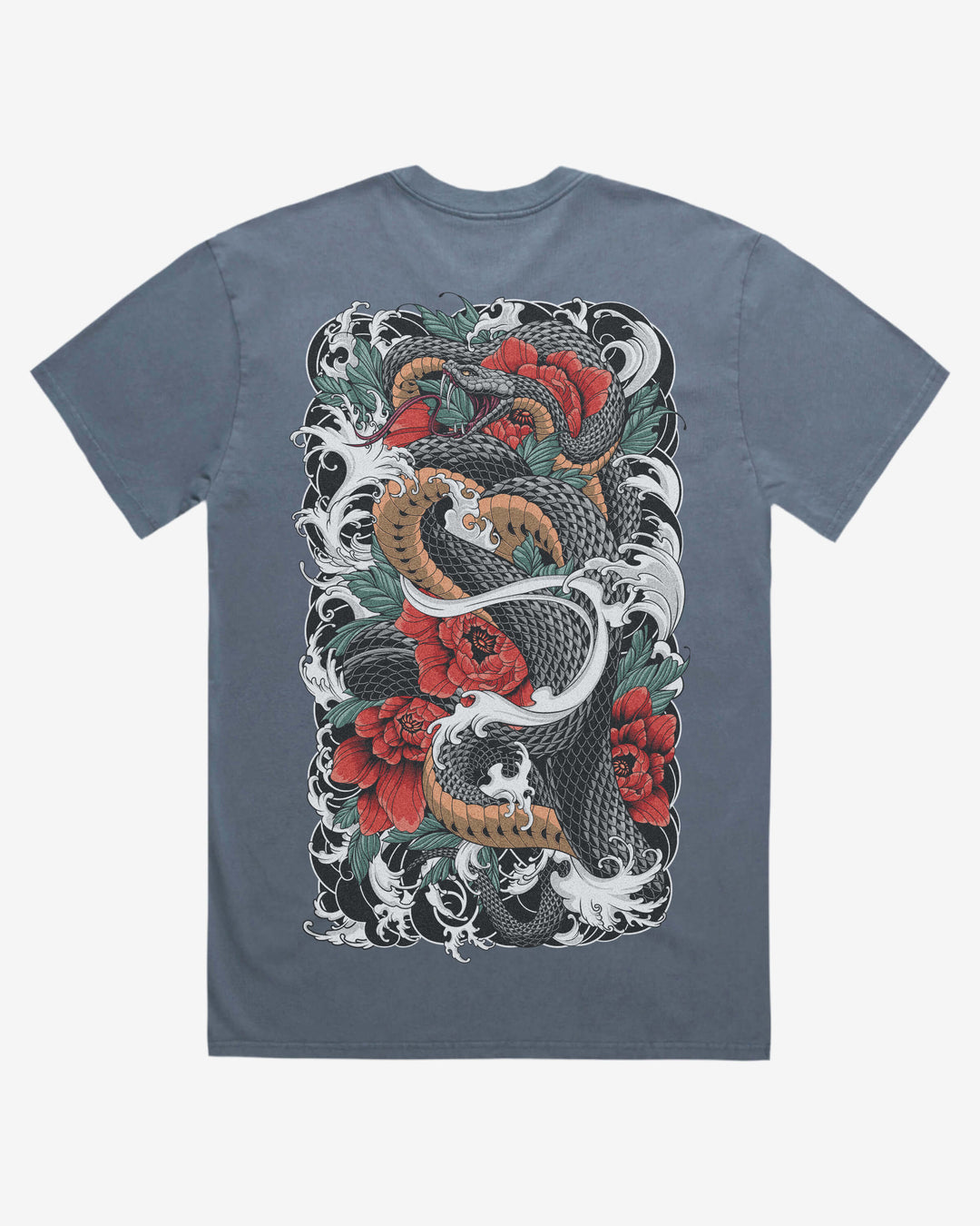 Faded 240GSM Tattoo Graphic T-Shirt — Snake Flower Back Print