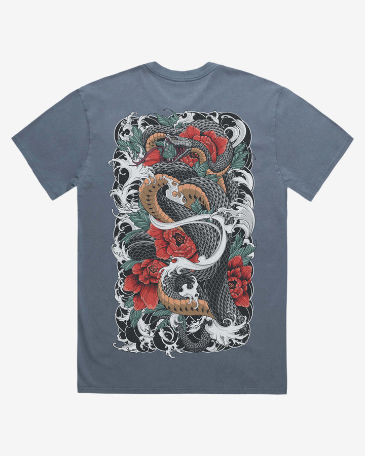 Faded 240GSM Tattoo Graphic T-Shirt — Snake Flower Back Print
