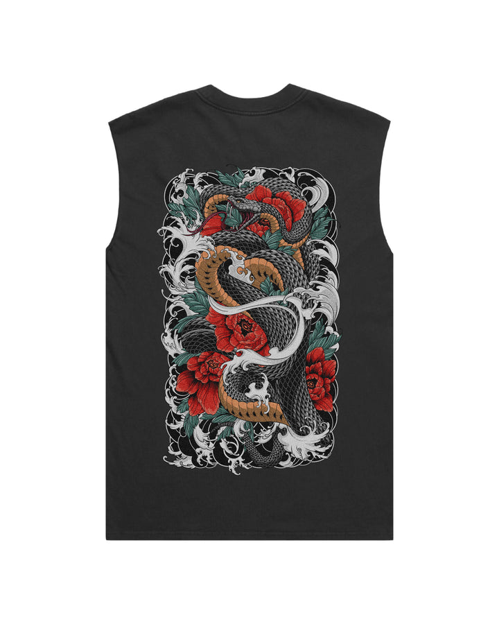 Faded black tank top with original irezumi snake coiling through foliage print