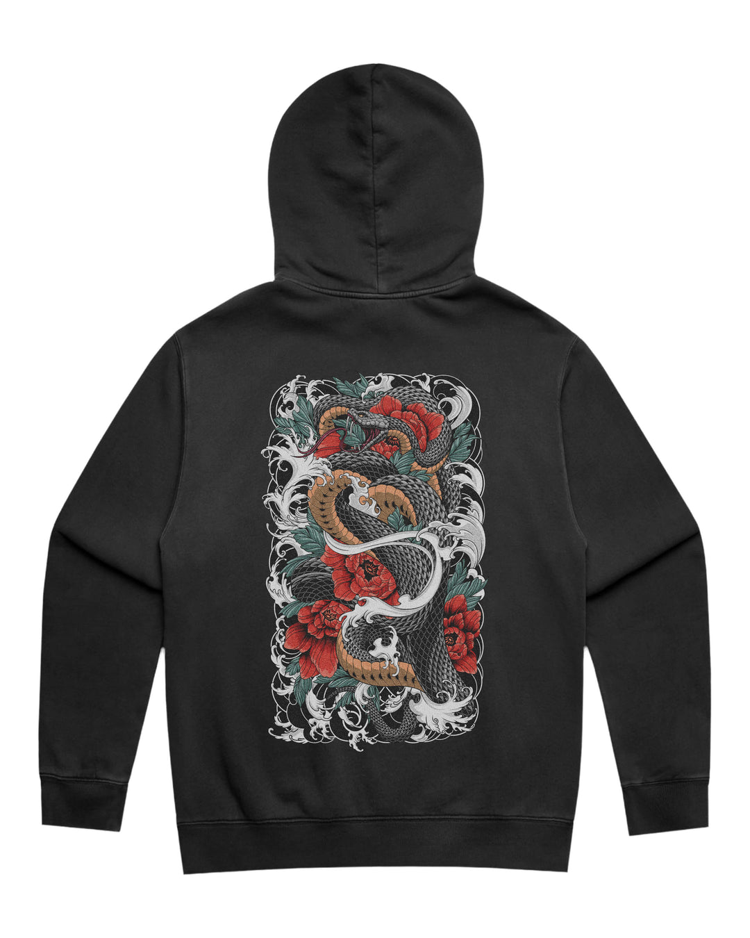 Faded black hoodie with in-house created irezumi snake &amp; flowers large back print