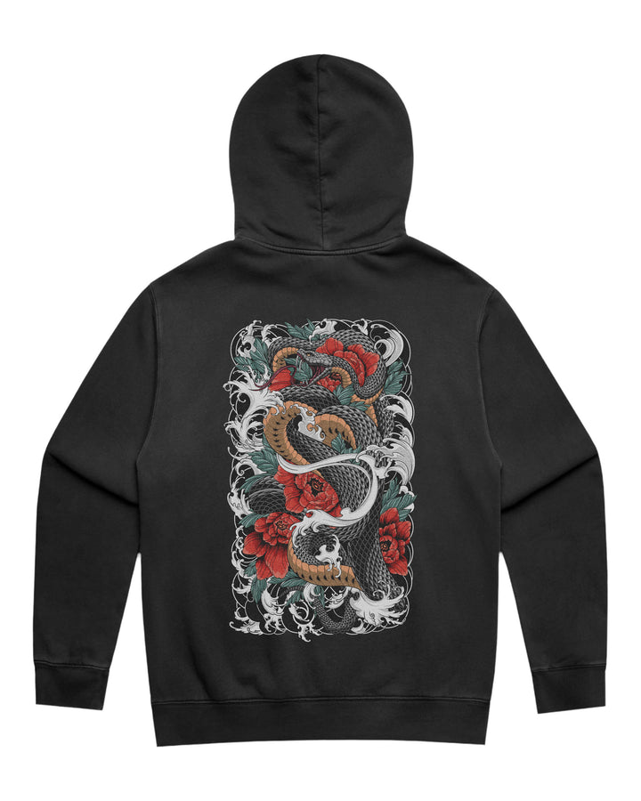 Faded black hoodie with in-house created irezumi snake &amp; flowers large back print