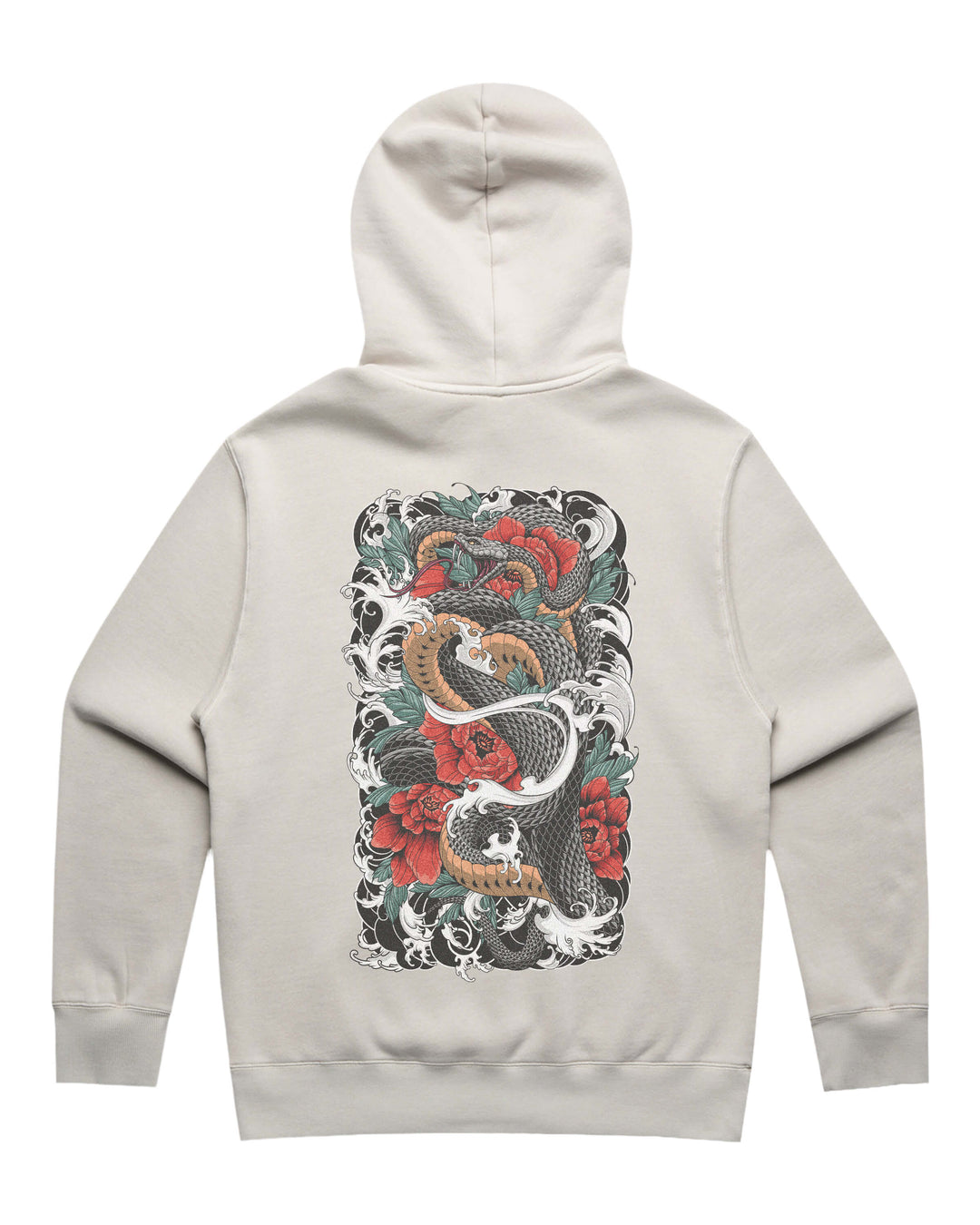 Faded bone hoodie with in-house created irezumi snake &amp; flowers large back print